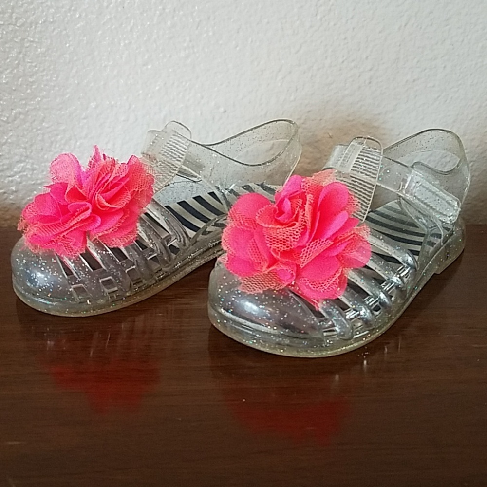 Clear sparkly jelly sandals with pink flower